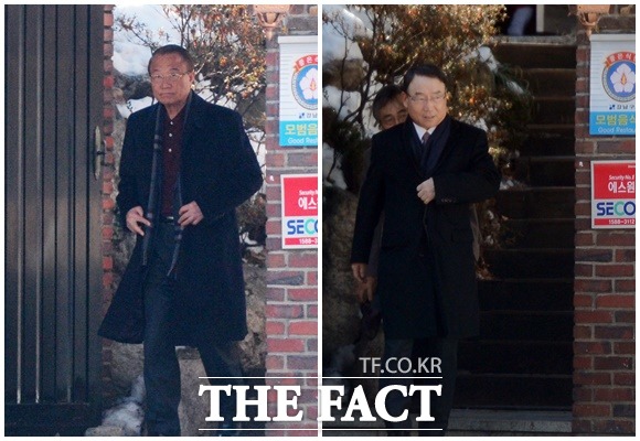 최근 특별사면으로 출소한 최시중 전 방송통신위원장이 15일 김인규 전 KBS사장과 오찬을 겸한 회동 모습이 <더팩트> 카메라에 포착됐다. /임영무·문병희 기자