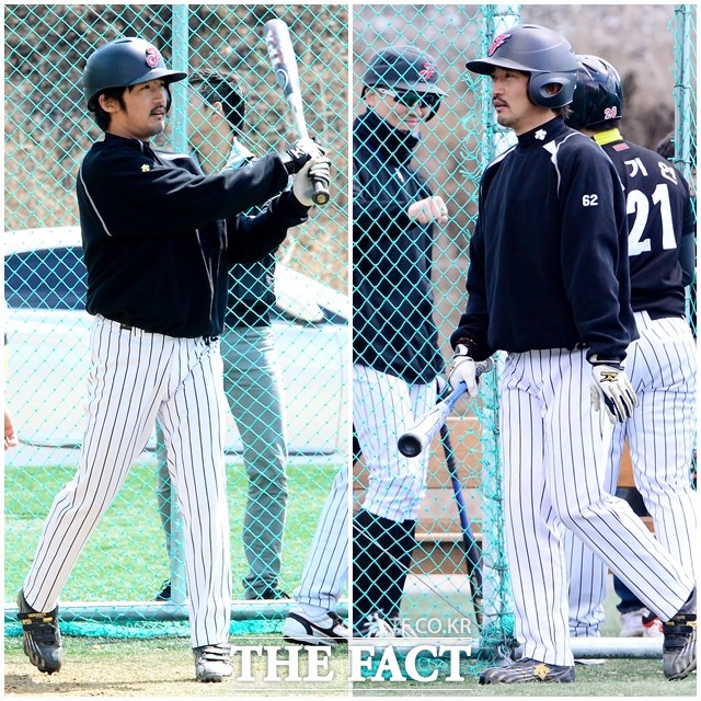 어디 한번 쳐볼까!- 안재욱의 소속팀인 재미삼아와 조마조마 팀과 경기에서 안재욱이 1회말 타석에서 몸을 풀고 있다.