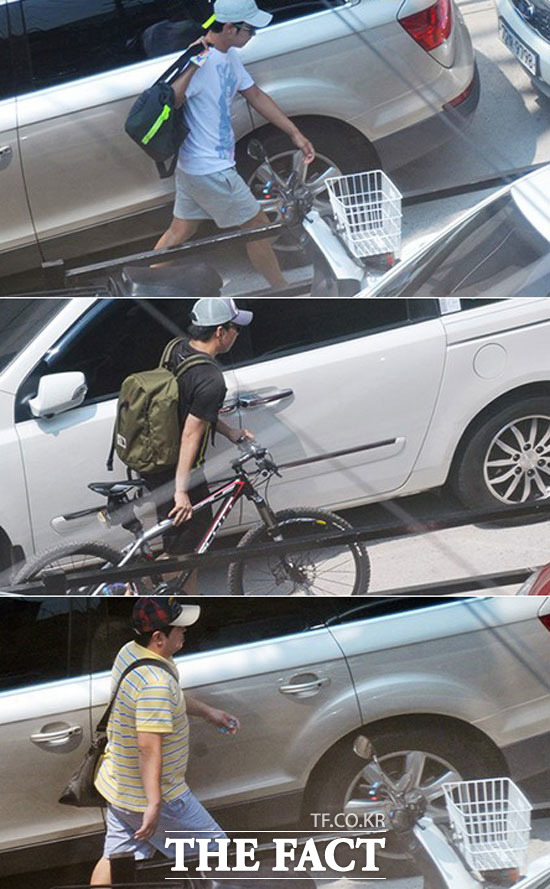 서울 강남구 신사동에 있는 연습실에 무한도전 멤버 박명수, 하하, 정형돈 (위에서부터)이 들어서고 있다. /이새롬 기자