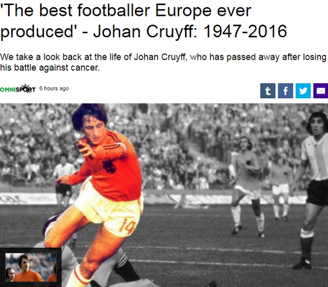 14분 애도! 크루이프가 24일 폐암으로 별세한 가운데 네덜란드 축구협회는 26일 프랑스와 친선 경기에서 추모 묵념을 가질 예정이다. / 유로스포트 홈페이지 캡처