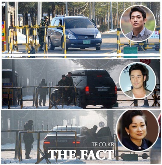 ▲24일 오전 10시 경기도 연천군 5사단 신병교육대에 가수 겸 배우 비를 면회 온 정석원, 김성수, CJ 그룹 이미경 부회장의 차량(위부터)이 부대 안으로 들어서고 있다. /연천=노시훈 기자