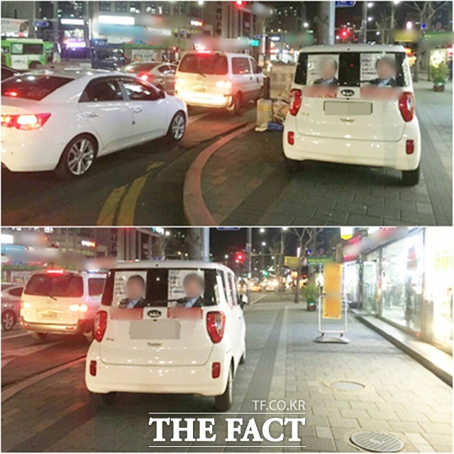 유세 차량의 불법 주차 문제를 지적하는 유권자들도 상당수다. 5일 저녁 서울 인근 거리에 모 후보의 유세차량이 인도 위에 주차돼 있다. /이새롬 기자