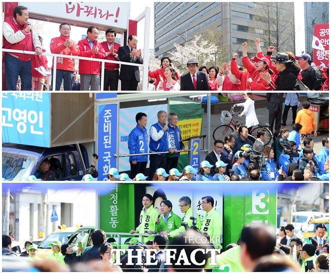4·13 총선이 하루 앞으로 다가온 가운데 막바지 유세에 나선 지역 후보들은 게릴라 유세 전략으로 지역 곳곳을 돌며 표심 잡기에 나섰다./임영무·이새롬·배정한 기자