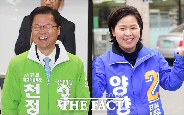 13일 진행한 제20대 국회의원 총선거 KBS·MBC·SBS 방송 3사 출구조사에서 광주 서을은 천정배(왼쪽) 국민의당 후보가 55.3%를 얻어 32.1%를 득표한 양향자 더불어민주당 후보를 23.1%p 차이로 앞섰다./더팩트DB