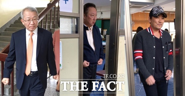 13일 서울 한남동 제3 투표소(서울한남초등학교)에는 많은 유명인들이 찾아 투표에 참여했다. 사진은 양승태 대법원장, 박용만 두산인프라코어 회장, 가수 이승철(왼쪽부터) /한남동=서민지 기자