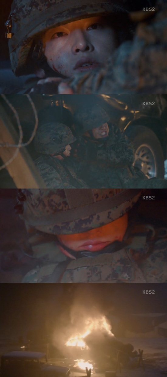 송중기·진구, 총상 입고 죽음 위기. 송중기와 진구는 총에 맞아  부상을 입고 이후 실종됐다. /KBS2 수목드라마 태양의 후예 방송 화면 캡처