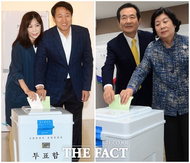 정치 1번지 종로에서 접전을 펼친 새누리당 오세훈 후보(왼쪽)와 더불어민주당 정세균 후보가 13일 오전 서울 종로구 동성고등학교 투표소와 숭인1동 주민센터 투표소에서 각각 투표를 하고 있다.