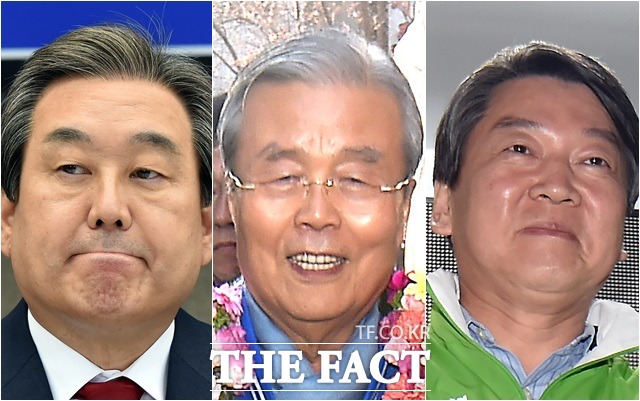 20대 총선 결과 새누리당이 과반 의석(150석 초과) 확보에 실패하면서 민심 앞에 무릎을 꿇었다. 왼쪽부터 김무성 새누리당 대표와 김종인 더불어민주당 비상대책위원회 대표, 안철수 국민의당 상임 공동대표./더팩트DB