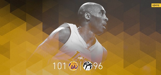 코비 브라이언트 은퇴! 코비 브라이언트가 14일 비빈트 스마트 홈 아레나에서 열린 2015~2016 NBA 유타 재즈와 시즌 최종전이자, 자신의 현역 마지막 경기에서 60득점을 폭발하며 팀 101-96 역전승을 이끌었다. / LA 레이커스 트위터 캡처