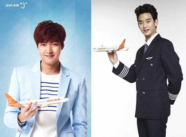 제주항공의 역대 모델. 제주항공은 배우 이민호(왼쪽)와 김수현(오른쪽)에 이어 송중기를 모델로 발탁했다. /제주항공 제공