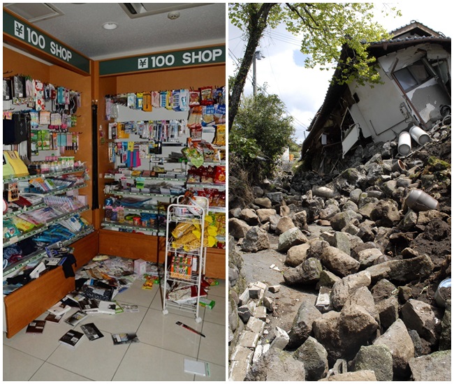 지난 14일과 16일 연이어 발생한 지진으로 인해 건물이 무너지고 식료품점의 물건들이 쏟아져 있다. /닛칸 스포츠 제공