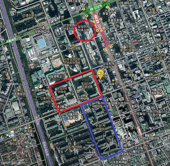 서울 서초 우성1차 재건축 사업이 조합원들간 갈등과 법정 공방으로 답보 상태에 빠져 있다. / 구글 지도 갈무리