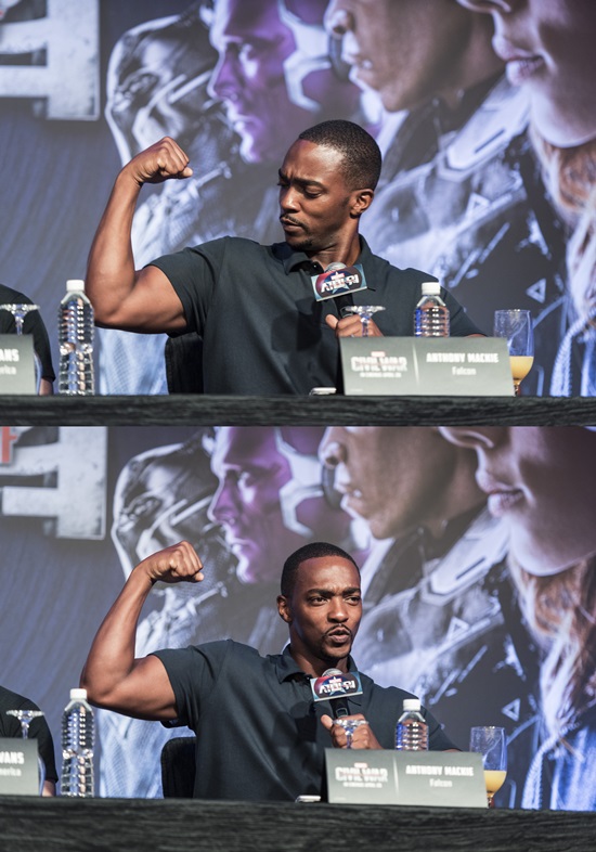 팀 캡틴 아메리카, 팀 아이언맨 거뜬히 이긴다? 배우 안소니 마키가 근육을 자랑하며 팀 캡틴 아메리카 승리를 자신했다. /월트디즈니컴퍼니코리아 제공