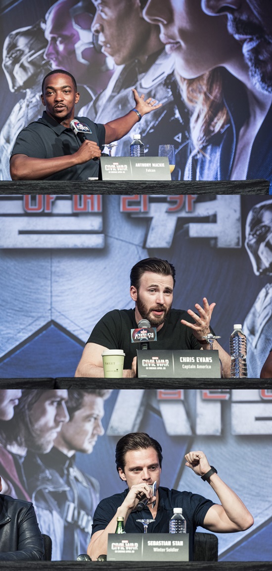 팀 아메리카 전력은 근육? 안소니 마키, 크리스 에반스, 세바스찬 스탠(위부터)이 팀 아이언맨의 체력을 디스했다. /월트디즈니컴퍼니코리아 제공