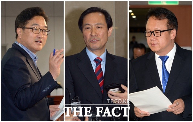 우원식, 우상호, 민병두 더불어민주당 의원(왼쪽부터)이 29일 오후 서울 여의도 국회 정론관에서 원내대표 출마를 밝혔다./임영무 기자