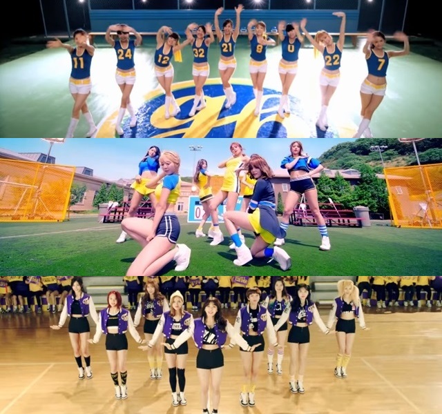 소녀시대·AOA·트와이스. 그룹 소녀시대와 AOA, 트와이스(위부터)는 치어리터 콘셉트로 큰 사랑을 받았다. /오! 심쿵해 치어 업 뮤직비디오 캡처