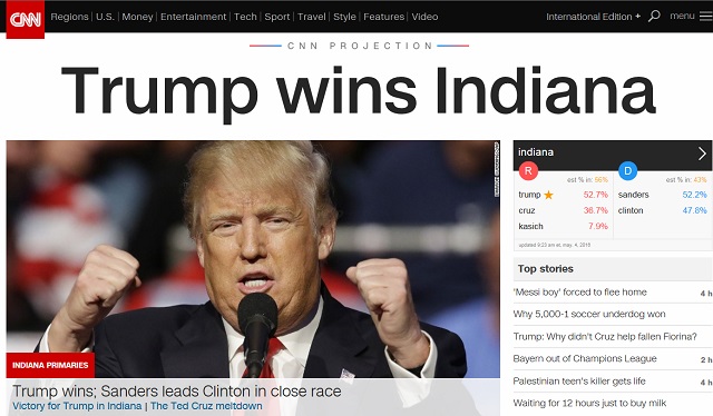 공화당의 도널드 트럼프가 3일(현지 시각) 미국 대선 인디애나주 경선에서 승리했다/CNN 홈페이지 갈무리
