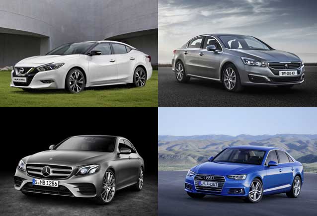 국내 중형 세단 시장이 다시 활기를 되찾으면서 성능은 높이고 가격은 낮춘 중형 세단으로 시장 요구에 부응하고 있다. 이에 대해 수입차도 소비자들을 사로잡기 위해 가격을 낮추는 마케팅 전략을 펼치고 있다. 사진은 닛산 올 뉴 알티마, 푸조 508 1.6 알뤼르, 뉴 아우디 A4, 메르세데스-벤츠 신형 E-클래스(왼쪽 위부터 시계방향 순) /각사 제공