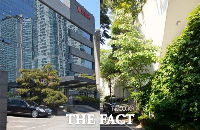 담철곤 회장의 업무용 차량 마이바흐가 오리온 본사 앞 주차장에 주차되어 있다(왼쪽). 성북동 자택 앞에 주차되어 있는 이화경 부회장의 업무용 차량 롤스로이스 팬텀. /장병문 기자