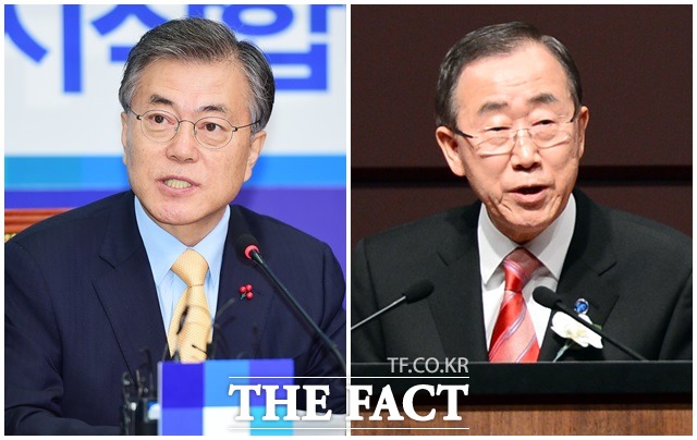 25일 데일리안의 의뢰로 여론조사 기관 알앤써치가 실시해 발표한 5월 셋째주 정례조사에 따르면 문재인(왼쪽) 전 더불어민주당 대표는 지난주보다 1.4%포인트 떨어진 24%를 기록, 1위를 차지했다. 반기문 유엔 사무총장은 전주대비 1.5%포인트 오른 21.5%의 지지율을 기록하며 뒤를 이었다./더팩트 DB