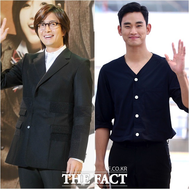 배용준, 통 큰 간식차 지원. 배우 배용준(왼쪽)이 같은 소속사 후배 배우 김수현을 응원했다. /더팩트DB