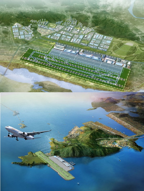 국토교통부가 21일 오후 3시 정부세종청사 2층 브리핑실에서 동남권 신공항 입지선정 결과를 발표한다. 영남권 신공항 밀양 예정지 조감도(위), 가덕도 신공항 개발 조감도 /남부권신공항범시도민추진위원회, 부산시 제공
