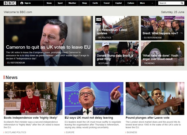 24일 브렉시트 국민투표가 가결되면서 글로벌 시장이 들썩이고 있다. 이날 BBC 홈페이지는 브렉시트 관련 보도로 가득 찼다. /BBC 홈페이지 캡처