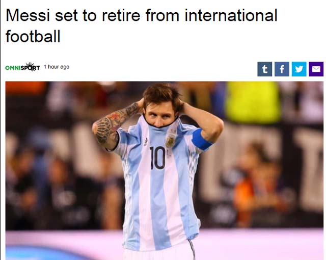 메시, 무관의 제왕으로 남나? 메시가 코파 아메리카 2016 준우승 후 국가 대표 은퇴를 암시하는 발언을 해 관심을 모으고 있다. /야후스포츠 캡처