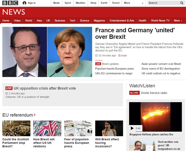 브렉시트 결정으로 글로벌 시장이 출렁이는 가운데 27일 국내 증시가 차츰 회복세를 보이고 있다. 이날 오후 BBC 홈페이지에는 여전히 브렉시트 관련 보도가 잇따르고 있다. /BBC 홈페이지 캡처