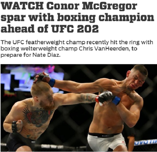 원-투-어퍼컷! 미국 폭스스포츠가 6일 맥그리거와 현 IBO 웰터급 챔피언 반 헤르덴의 스파링 영상을 공개했다. / 폭스스포츠 홈페이지 캡처