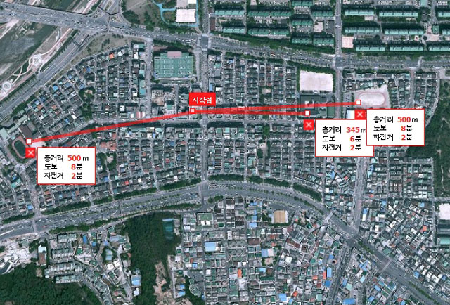 월평화상경마장(시작점 위치) 반경 500m 안에 있는 ㄱ초등학교(오른쪽부터), ㄴ중학교, ㄷ초등학교. /네이버 위성지도 갈무리