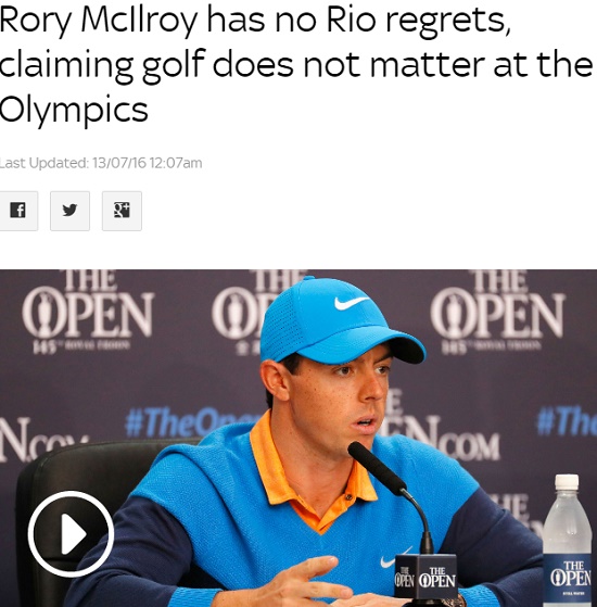 맥길로이 올림픽 불참! 맥길로이가 13일 보도된 스카이스포츠와 인터뷰에서 올림픽 불참에 대해 후회는 없다고 했다. / 스카이스포츠 홈페이지 캡처