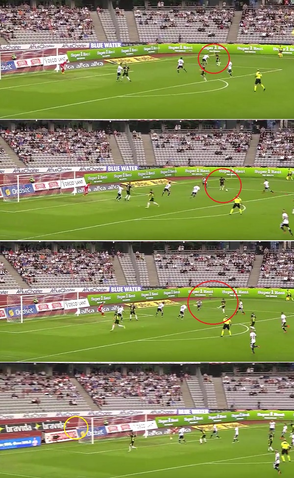 박정빈 시즌 첫 골! 박정빈이 23일 AGF와 덴마크 수페르리가 2라운드에서 왼발 감아 차기로 시즌 첫 골을 터뜨렸다. / 유튜브 영상 캡처