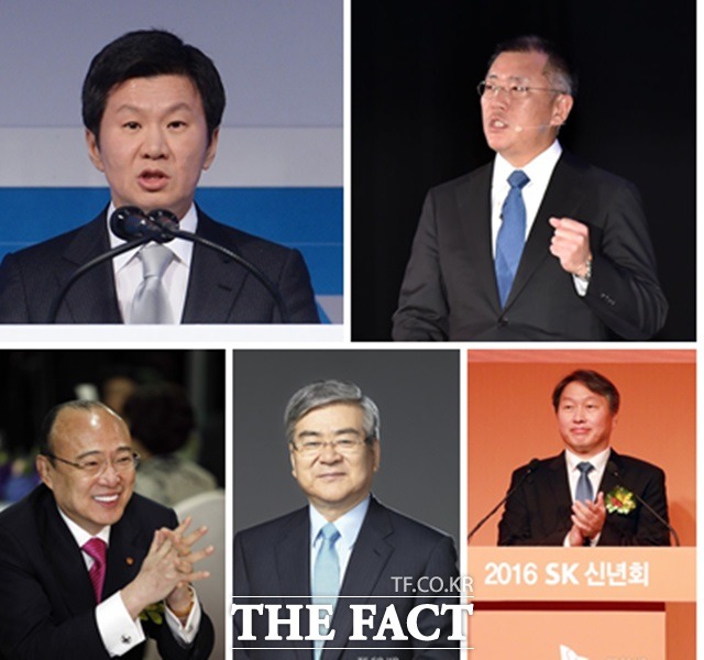 2016 리우데자네이루 올림픽이 임박한 가운데 재계 총수들의 브라질행 여부가 주목 받고 있다. /더팩트DB(왼쪽 위부터 시계방향 순서로 정몽규 대한민국 선수단장, 정의선 대한양궁협회장, 최태원 대한핸드볼협회장, 조양호 대한체육회 부회장 겸 대한탁구협회장, 김승연 한화그룹 회장)