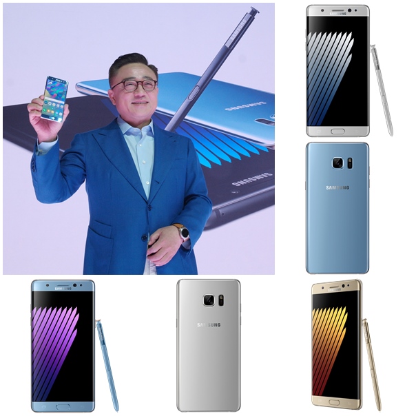 고동진 삼성전자 무선사업부장(사장)이 3일(한국시각) 미국에서 열린 ‘삼성 갤럭시 신제품 공개행사’에서 갤럭시노트7을 소개하고 있다. /삼성전자 제공