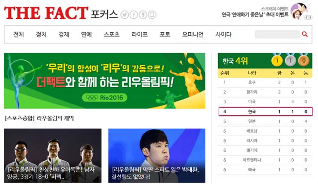 한국, 금메달 1·은메달 1 획득! 한국이 리우올림픽 첫 날 금메달 1개, 은메달 1개를 따냈다. /더팩트 리우올림픽 페이지 캡처