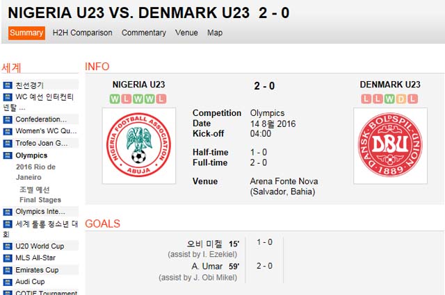 나이지리아, 덴마크 제압! 나이지리아가 덴마크를 꺾고 리우올림픽 남자축구 준결승 진출에 성공했다. /사커웨이 캡처
