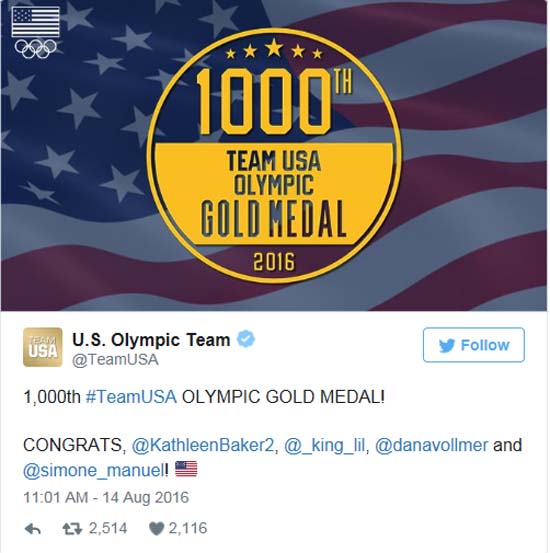 미국, 1000번째 올림픽 금메달! 미국이 리우올림픽 여자수영 혼계영 400m에서 정상에 오르면서 올림픽 통산 1000번째 금메달을 거머쥐었다. /리우올림픽 홈페이지 캡처