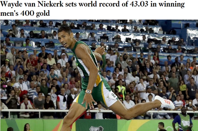 400m 세계新! 남아공의 니커크가 15일 2016 리우올림픽 남자 육상 400m 결선에서 세계신기록을 세우며 금메달을 딴 가운데 미국 LA타임스는 자신을 극복한 엄청난 승리였다고 보도했다. / LA타임스 홈페이지 캡처