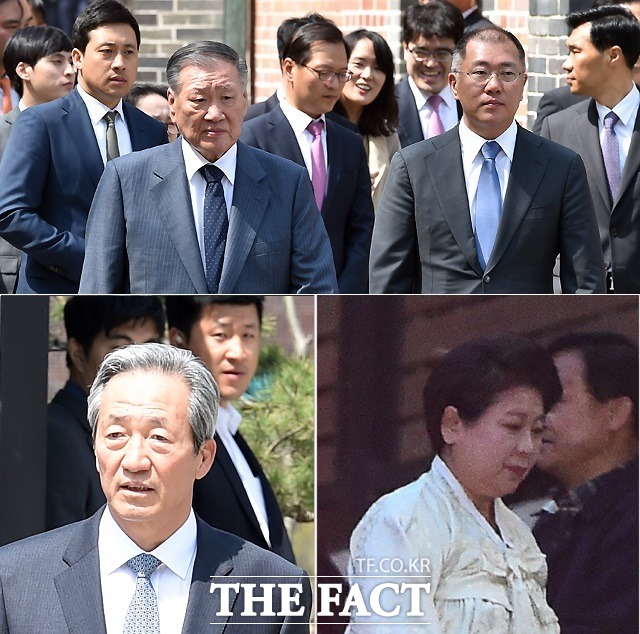 고(故) 정주영 현대그룹 회장의 부인인 고 변중석 여사 9주기 제사가 16일 오후 정몽구 현대자동차그룹 회장의 한남동 자택에서 치러진다. 정몽구 회장, 정의선 현대자동차그룹 부회장, 현정은 현대그룹 회장, 정몽준 아산재단 이사장(왼쪽 위부터 시계방향) /더팩트 DB