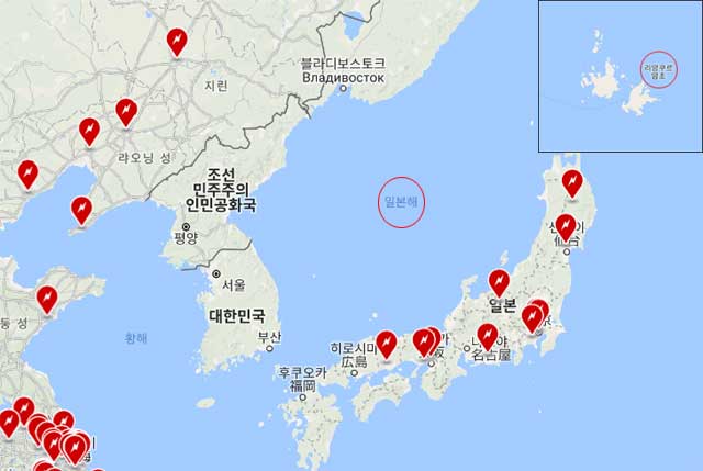 테슬라의 한글 홈페이지에 슈퍼차저(충전소) 위치를 소개하는 지도에 동해를 일본해로, 독도를 리앙쿠르 암초로 표기하고 있다. /테슬라 홈페이지 갈무리