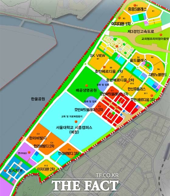 시흥시가 그린 배곧신도시의 대략적 토지이용계획도. 도시의 중앙에 서울대학교 시흥캠퍼스가 들어서 있는 것을 볼 수 있다. /시흥시 제공