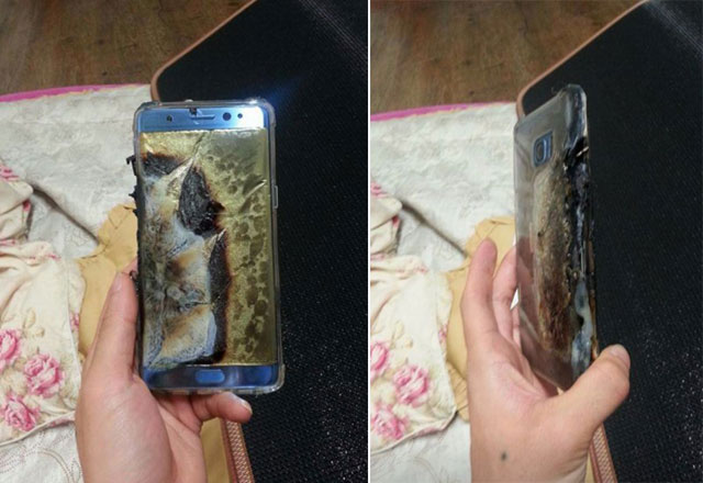 한 누리꾼은 24일 오전 휴대전화 커뮤니티 ‘뽐뿌’ 게시판에 “‘갤럭시노트7’이 충전 중 터졌다”는 글과 함께 사진을 공개했다. /뽐뿌 게시판