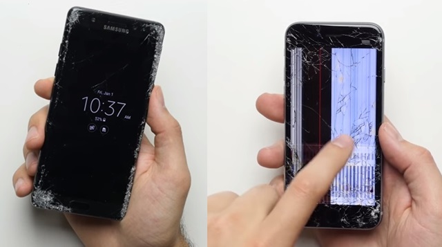 삼성전자의 갤럭시노트7과 애플의 아이폰6S간 내구성 시험 결과 갤럭시노트7이 압도적 결과로 우위를 점했다. /유튜브 캡처