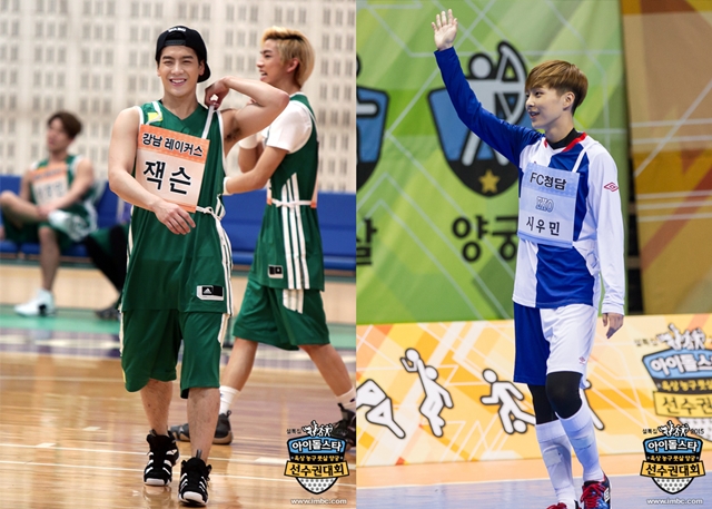 그룹 갓세븐 잭슨(왼쪽)과 엑소 시우민. 두 사람은 각각 지난해와 올해 아육대에서 부상을 입었다. /MBC 2015 설특집 아이돌스타 육상 농구 풋살 양궁 선수권 대회 공식 홈페이지
