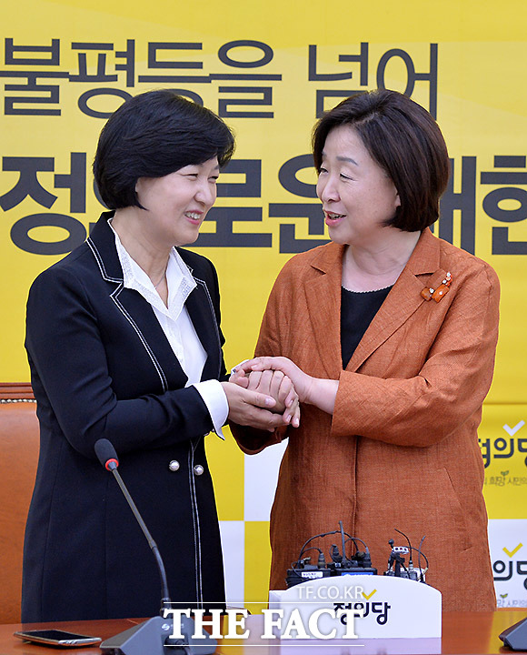 추미애(왼쪽) 더불어민주당 신임 당대표가 29일 서울 여의도 국회에서 심상정 정의당 대표를 예방하고 있다./문병희 기자