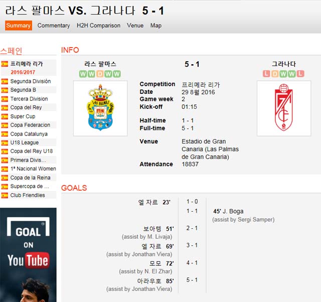 라스 팔마스 선두! 라스팔마스가 2라운드에서 그라나다를 5-1로 대파했다. /사커웨이 캡처