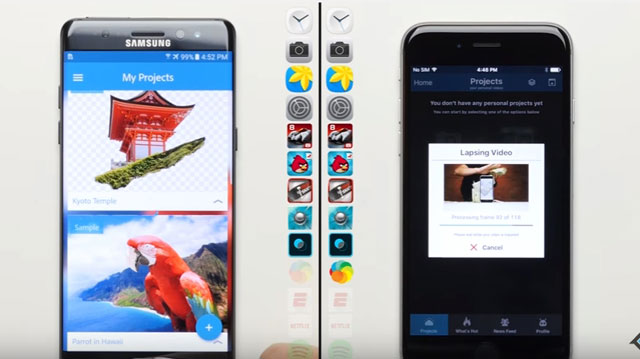 삼성전자 ‘갤럭시노트7’과 애플 ‘아이폰6S’가 애플리케이션 실행 속도 경쟁을 펼치는 영상이 공개돼 화제를 모으고 있다. /유튜브 영상 갈무리