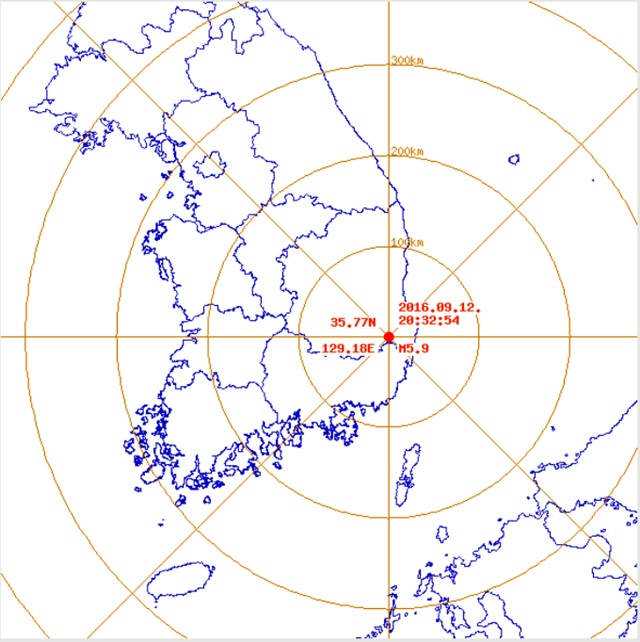 12일 오후 8시 37분께 경북 경주시 남남서쪽 8km 부근에서 리히터 규모 5.8의 지진이 추가적으로 발생했다./기상청 제공