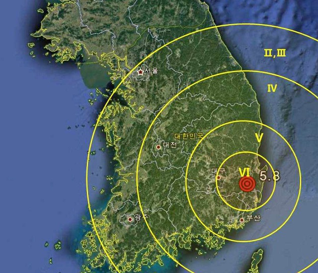 12일 오후 경북 경주에서 발생한 역대 최대 규모의 지진분포도. /기상청